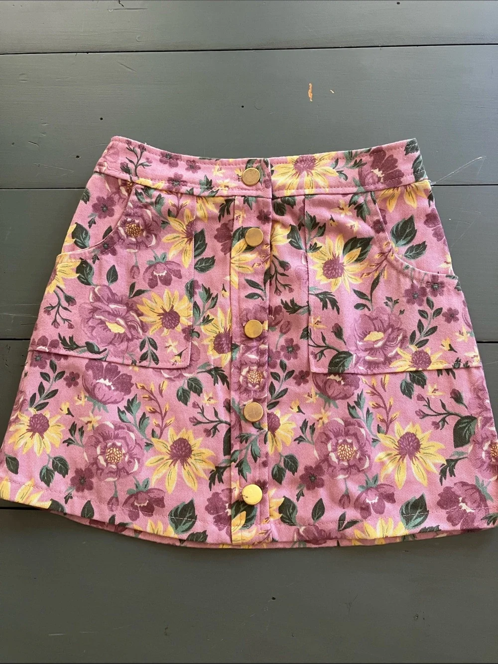 Girls Size 3-4/EU 104 Cotton Pink+Yellow Floral Button Embellished Skirt NWOT